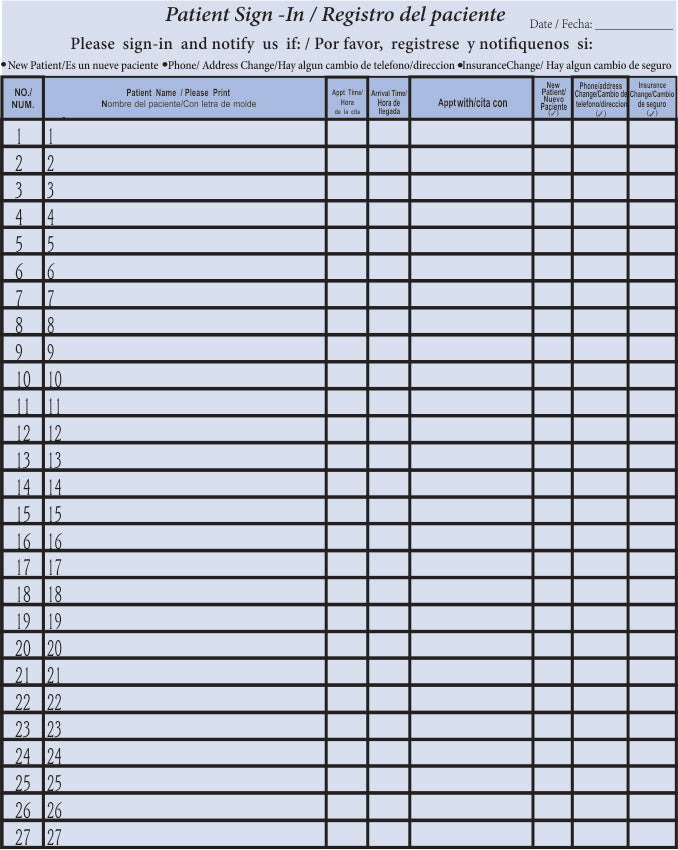 Patient Confidentiality Sign-In Sheet with record copy  English / Spanish